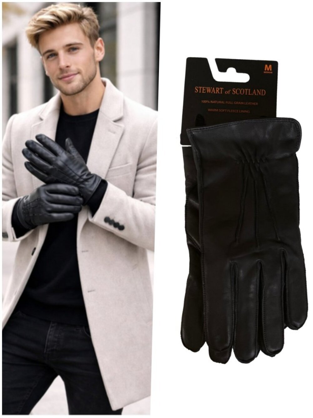 Stewart of Scotland Mens Black Leather Gloves Red Plaid Fleece Lining Medium
